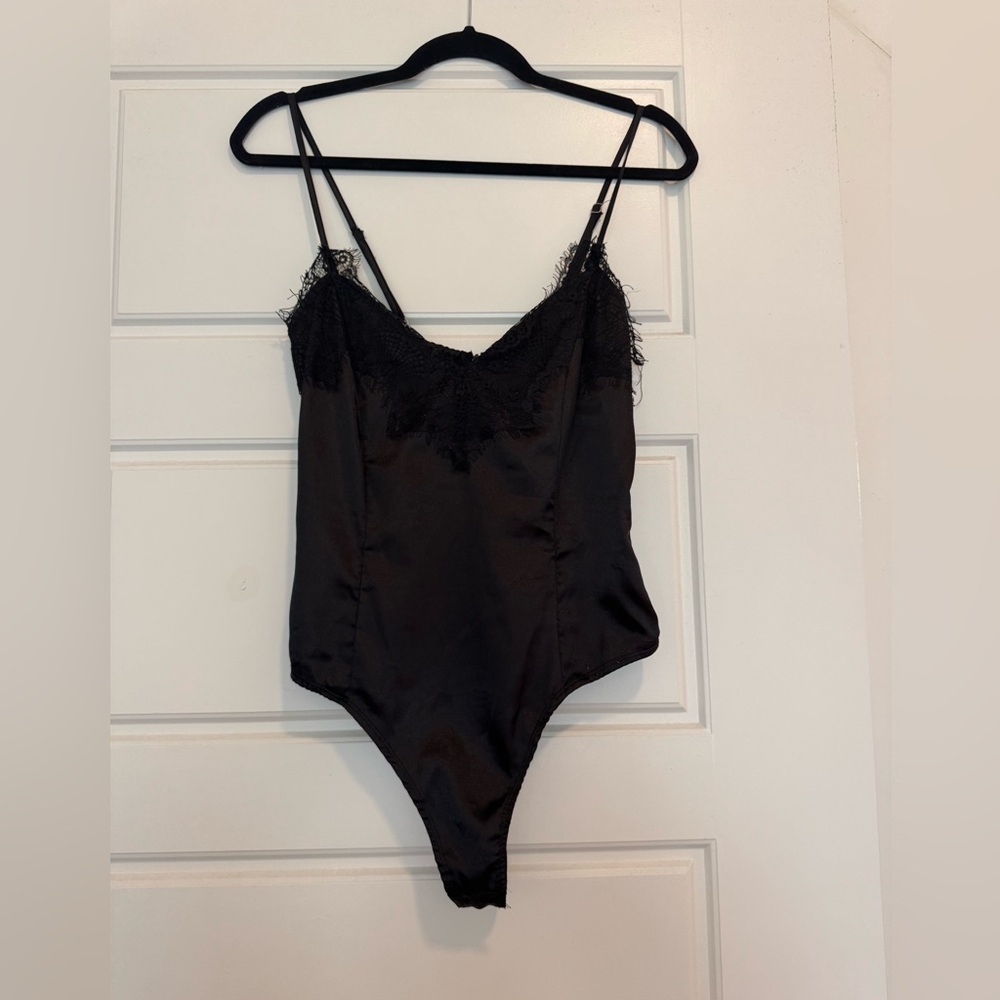 Satin Black Lace Trim Thong Bodysuit